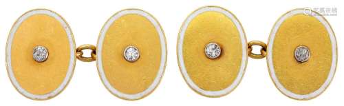 A pair of 18ct gold, diamond and enamel cufflinks, each oval...