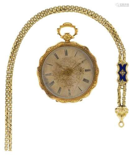 A late 19th early 20th century gold fob watch and guard chai...