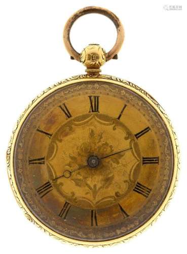An 18ct gold open-face fob watch, the engraved dial with Rom...