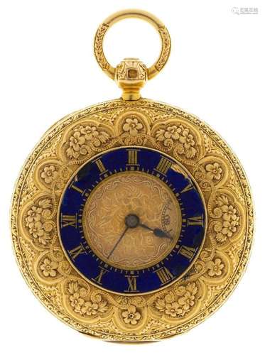 An 18ct gold and enamel half-hunter fob watch, the foliate e...