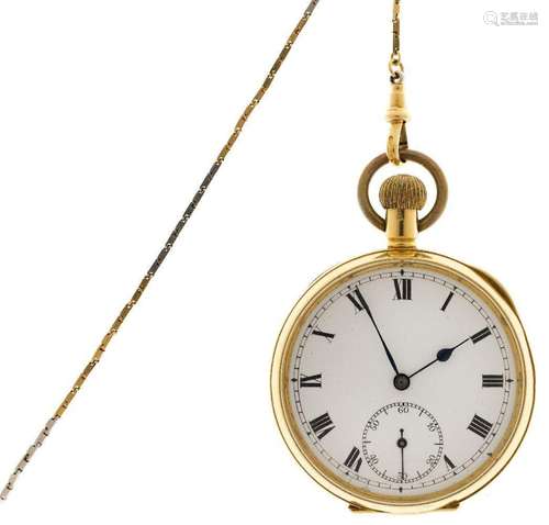 An 18ct gold open-face pocket watch and watch chain, the poc...