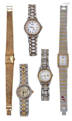 A ladies 9ct gold bracelet watch, by Longines, and four vari...