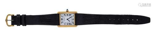 A tank wristwatch, by Cartier, the white dial with Roman bla...