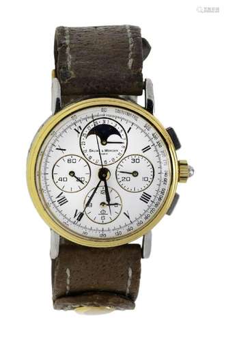 A stainless steel and gilt triple calendar chronograph two t...