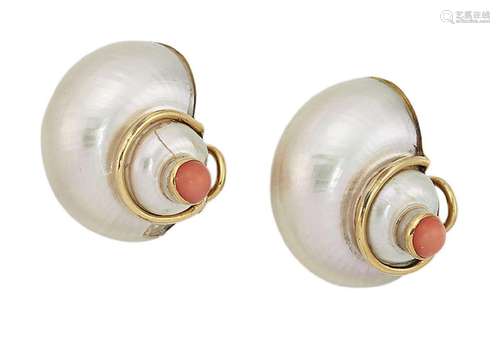 A pair of shell earrings, by Trianon, designed as white shel...