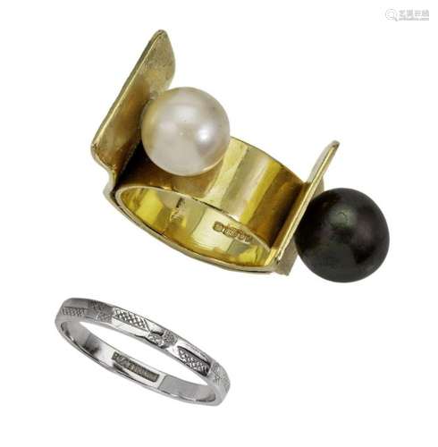 A gold and cultured pearl ring and band ring, the gold ring ...