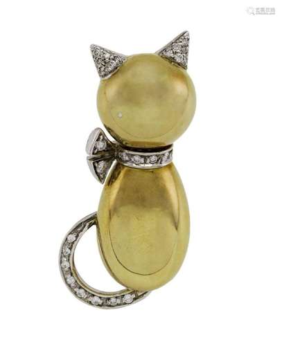 A gold and diamond brooch, designed as a Cat with brilliant-...