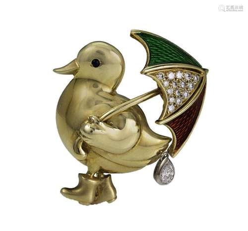 A gold, enamel and diamond brooch, designed as a Duck beneat...