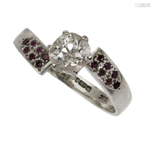 A diamond ring, claw set with a circular-cut diamond, the sh...