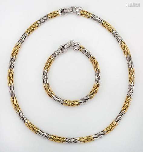 A two tone necklace and bracelet, each of rope work design, ...