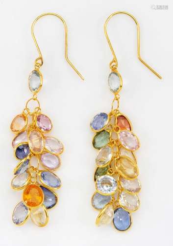 A pair of vari-coloured sapphire drop earrings, each compose...