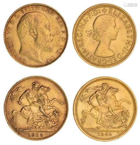 Two sovereigns, dated Edward VII 1910 and Elizabeth II 1964 ...