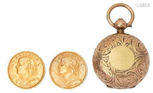 Two 20 Swiss Franc Vreneli gold coins, dated 1922 and 1947 a...