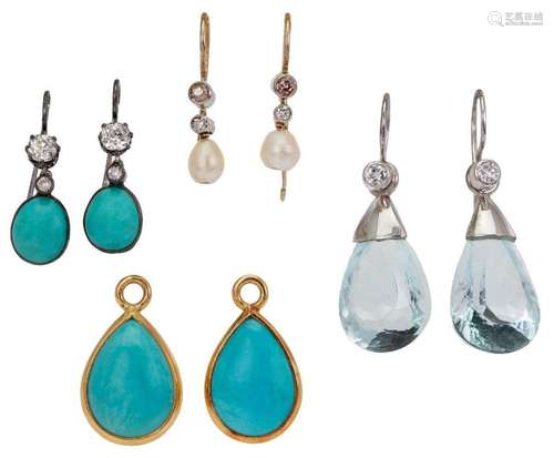 Three pairs of earrings, comprising: a pair of aquamarine an...