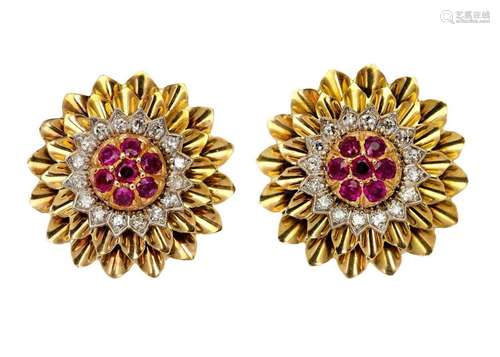 A pair of synthetic ruby and diamond earrings, each of flowe...