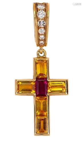 A ruby, yellow sapphire and diamond pendant, by Ludwig Mulle...