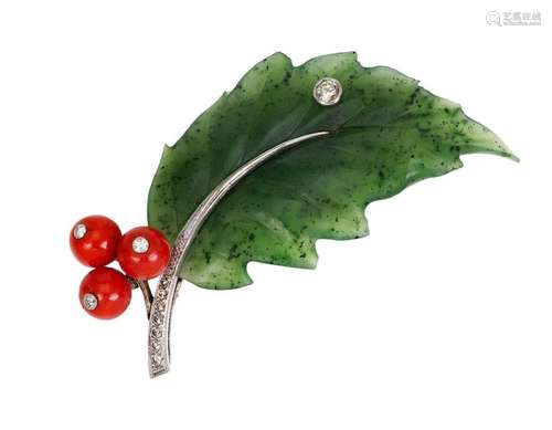 A nephrite coral and diamond brooch, designed as a single Ho...