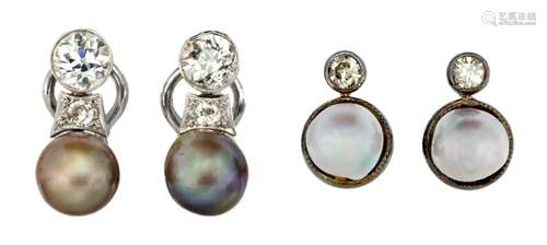 Two pairs of cultured pearl and diamond earrings, comprising...