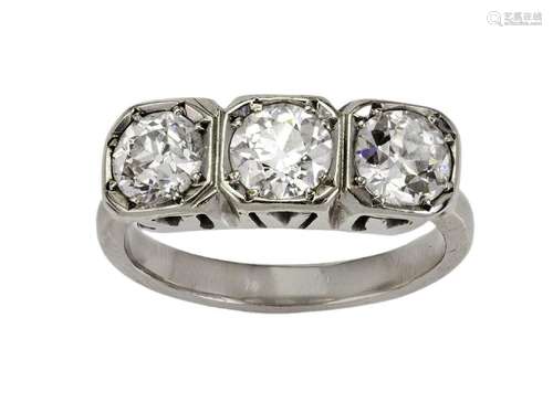 A three stone diamond ring, box-collet set with three circul...