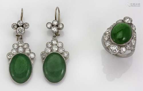 A pair of jadeite jade and diamond earrings and ring, the ea...