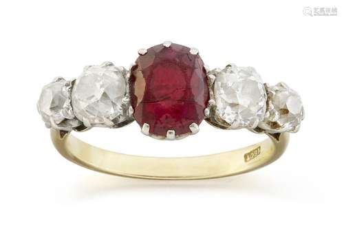 An early 20th century gold, Ruby and diamond five stone ring...