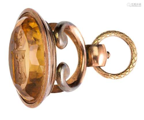 A large early 19th century gold mounted citrine fob seal, th...