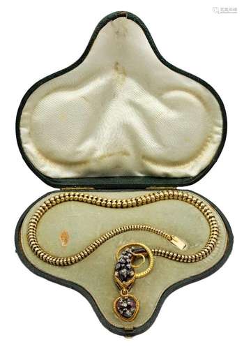 A Victorian gold, diamond and enamel serpent necklace, the h...