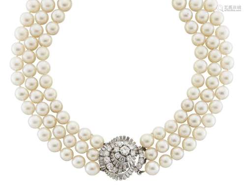 A cultured pearl necklace, composed of three rows of 126 gra...