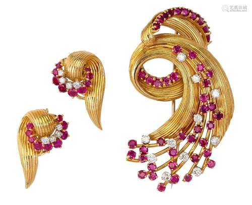 A suite of gold diamond and ruby Jewellery, by Kutchinsky, c...