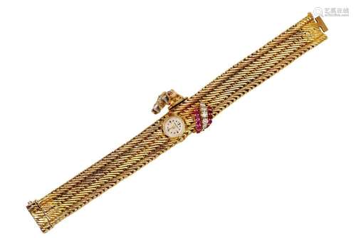 A ladys 18ct gold diamond and ruby set bracelet watch, by J...