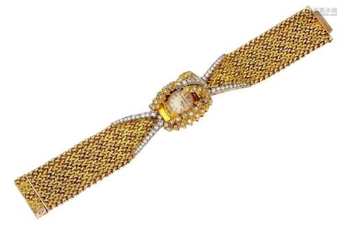 A ladys 18ct gold diamond set bracelet watch, by Jaeger LeC...