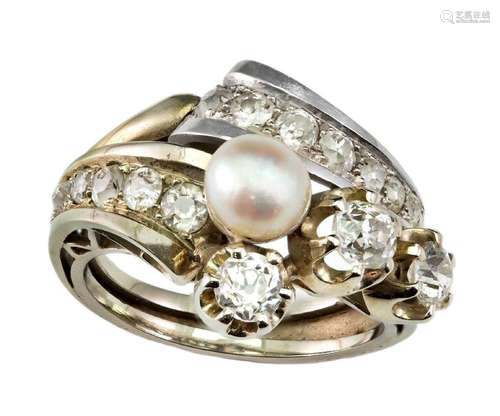 A pearl and diamond dress ring, of scroll design set with gr...