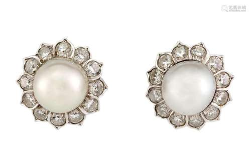 Pair of cultured pearl and diamond cluster earrings, each ce...