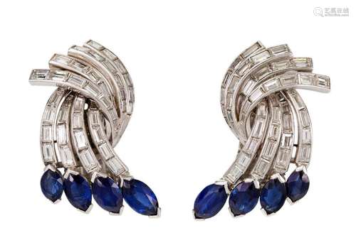 A pair of sapphire and diamond earclips, of spray design set...