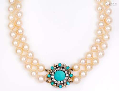 Cultured pearl necklace with late Victorian turquoise and di...