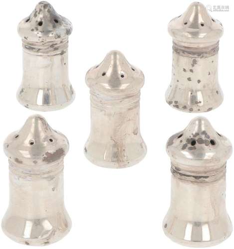 (5) piece set salt shakers silver.