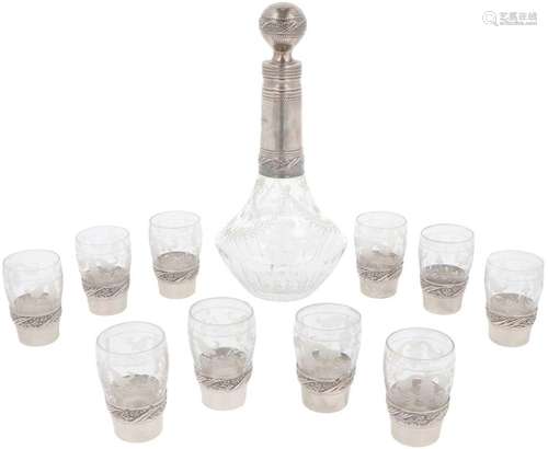 (11) piece set silver liqueur glasses & decanter .