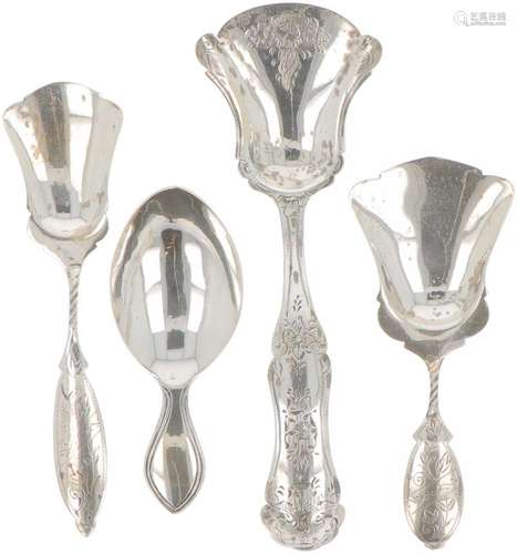 (4) piece lot of silver sugar scoops and tea thumbs.