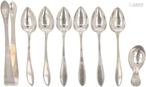 (8) piece set of silver coffee spoons, tea thumb and sugar c...