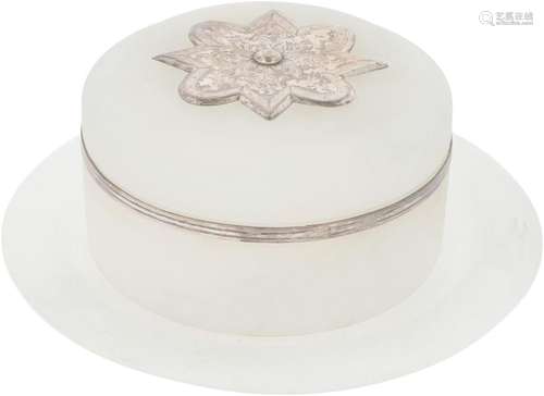 Biscuit tin with silver saucer.