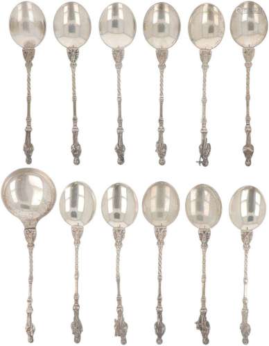 (12) piece set apostle teaspoons & sugar scoop silver.