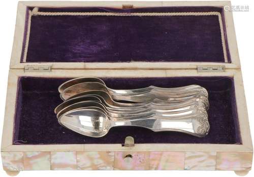 (12) piece set of silver coffee spoons in mother-of-pearl bo...