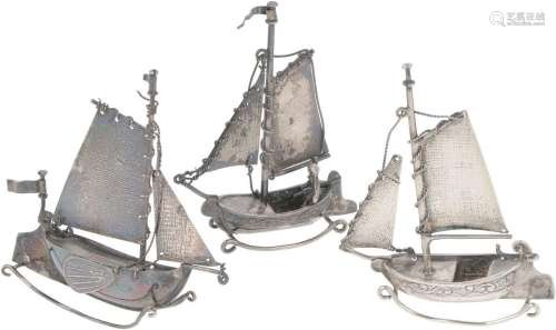(3) piece lot miniature sailing boats, silver.