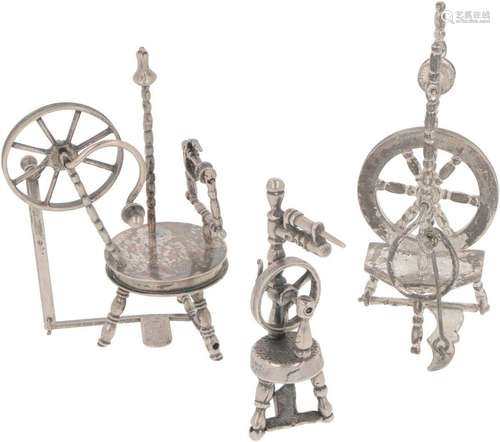 (3) piece lot miniature silver spinning wheels.