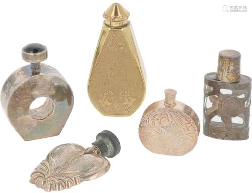 (5) piece lot of perfume bottles and atomizers silver.