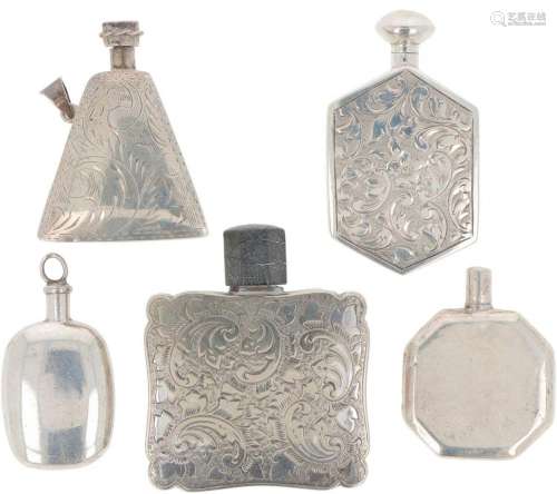 (5) piece lot of perfume bottles silver.