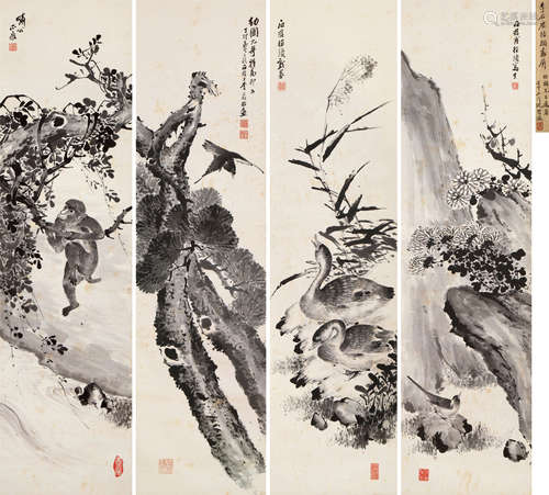 李石君 壬申（1932）年作 指画花鸟四条屏 立轴 设色纸本