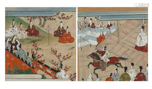 Japon, XVIIe siècle Deux petites peintures en couleurs et re...