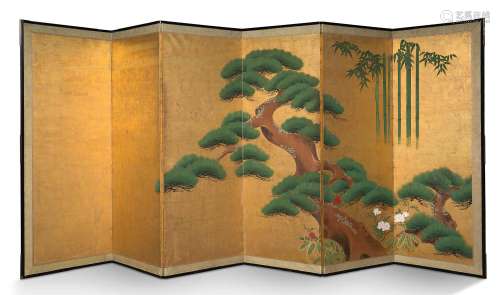 Japon, école Kanô, XVIIIe siècle Paravent à six feuilles pei...