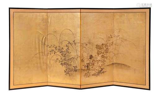 Japon, XIXe siècle Paravent à quatre feuilles peint à l'...